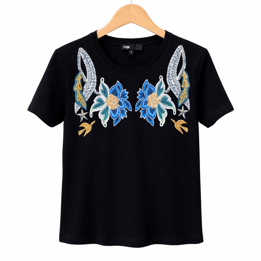 Maje Embroidered Floral Embellished Black Cotton T-Shirt Size 1 (XS/S) Designer